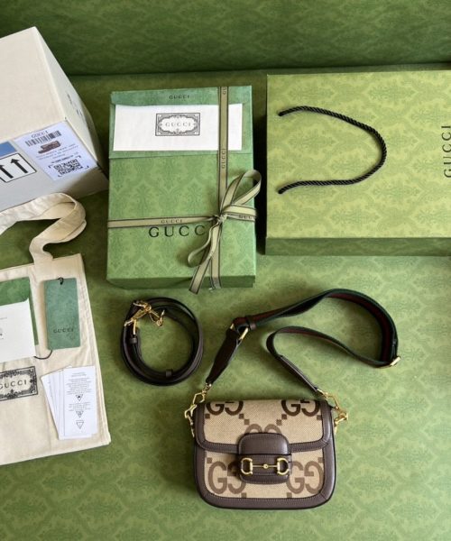 1:1 Replica Gucci Horsebit 1955 Jumbo Mini Bag Camel And Ebony Jumbo GG Canvas For Women 8in/21cm 658574 UKMDG 2570