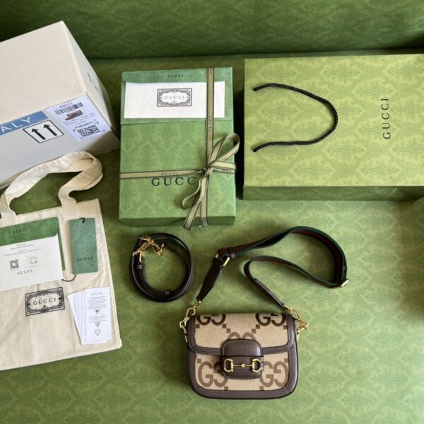 1:1 Replica Gucci Horsebit 1955 Jumbo Mini Bag Camel And Ebony Jumbo GG Canvas For Women 8in/21cm 658574 UKMDG 2570