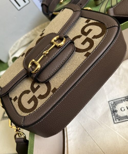 1:1 Replica Gucci Horsebit 1955 Jumbo Mini Bag Camel And Ebony Jumbo GG Canvas For Women 8in/21cm 658574 UKMDG 2570