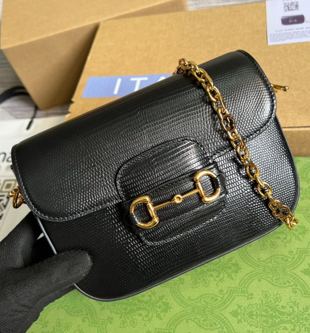 1:1 Replica Gucci Horsebit 1955 Lizard Mini Bag Black For Women, Women's Bags 8in/20cm GG