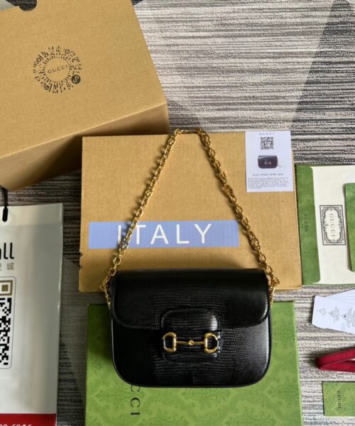1:1 Replica Gucci Horsebit 1955 Lizard Mini Bag Black For Women, Women's Bags 8in/20cm GG