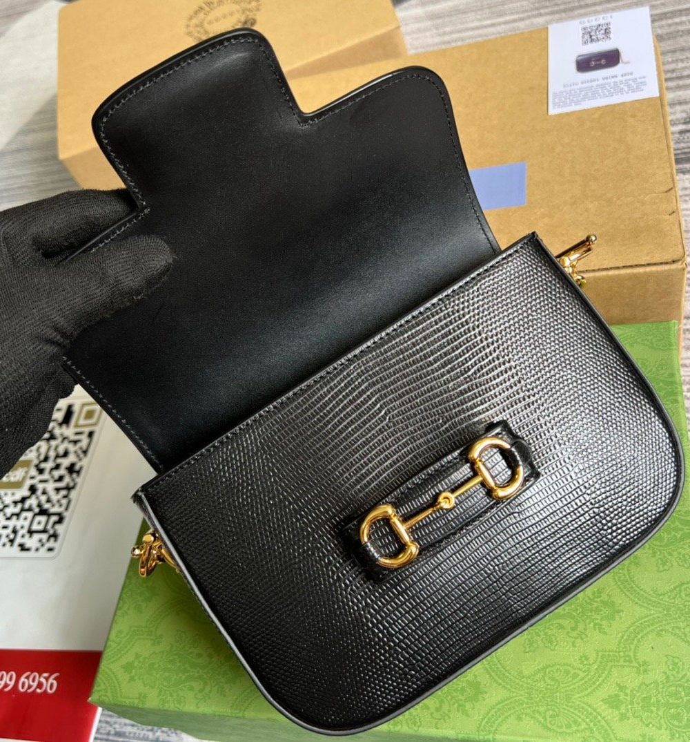 1:1 Replica Gucci Horsebit 1955 Lizard Mini Bag Black For Women, Women's Bags 8in/20cm GG
