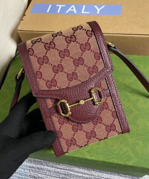 1:1 Replica Gucci Horsebit 1955 Mini Bag Beige And Burgundy GG Supreme Canvas For Women  6.7in/17cm GG 625615F6B3G9865
