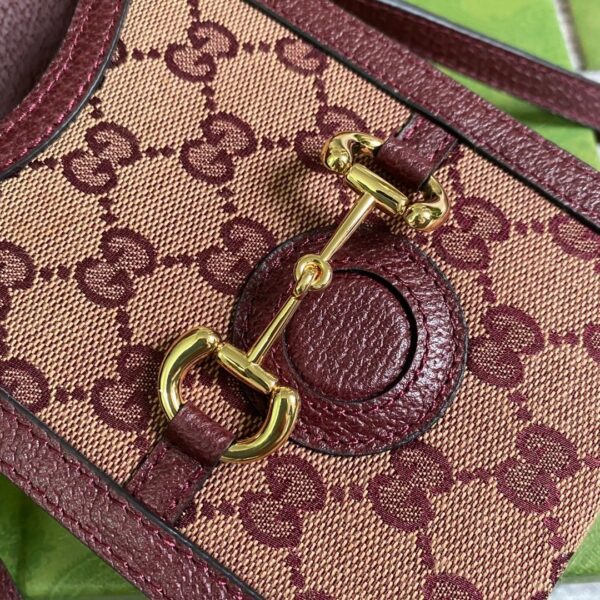 1:1 Replica Gucci Horsebit 1955 Mini Bag Beige And Burgundy GG Supreme Canvas For Women  6.7in/17cm GG 625615F6B3G9865
