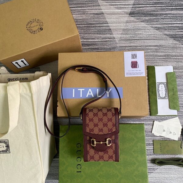 1:1 Replica Gucci Horsebit 1955 Mini Bag Beige And Burgundy GG Supreme Canvas For Women  6.7in/17cm GG 625615F6B3G9865