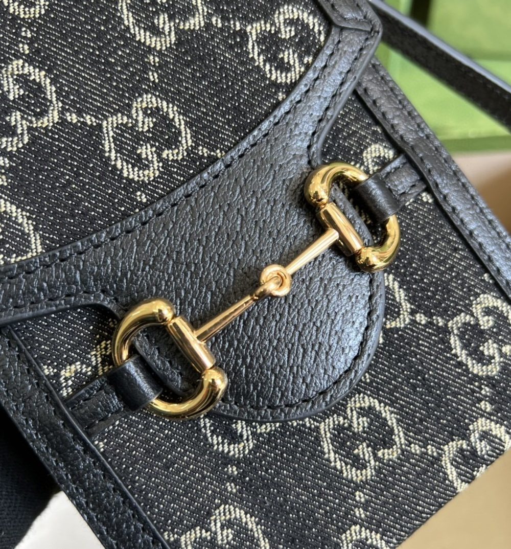 1:1 Replica Gucci Horsebit 1955 Mini Bag Black And Ivory GG Denim Jacquard For Women 6.7in/17cm 625615 UN3BG 1274