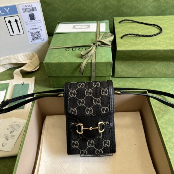 1:1 Replica Gucci Horsebit 1955 Mini Bag Black And Ivory GG Denim Jacquard For Women 6.7in/17cm 625615 UN3BG 1274