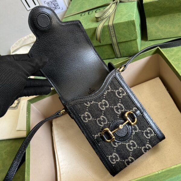 1:1 Replica Gucci Horsebit 1955 Mini Bag Black And Ivory GG Denim Jacquard For Women 6.7in/17cm 625615 UN3BG 1274