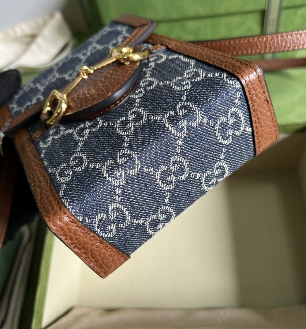1:1 Replica Gucci Horsebit 1955 Mini Bag Blue And Ivory GG Denim Jacquard For Women 6.7in/17cm 625615 2KQGG 8375