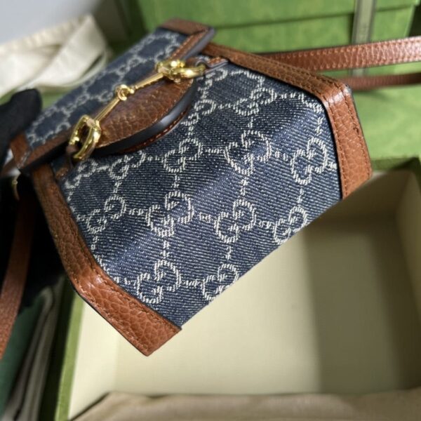 1:1 Replica Gucci Horsebit 1955 Mini Bag Blue And Ivory GG Denim Jacquard For Women 6.7in/17cm 625615 2KQGG 8375
