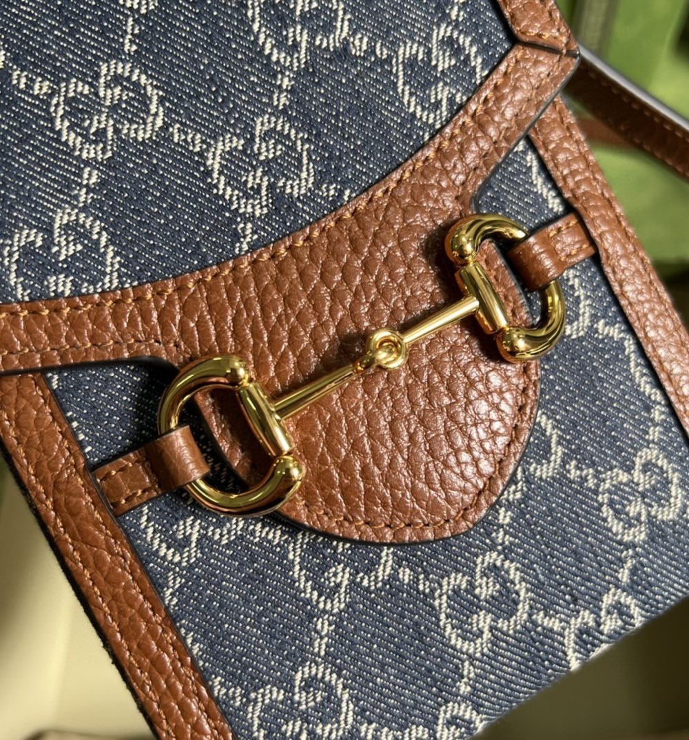 1:1 Replica Gucci Horsebit 1955 Mini Bag Blue And Ivory GG Denim Jacquard For Women 6.7in/17cm 625615 2KQGG 8375