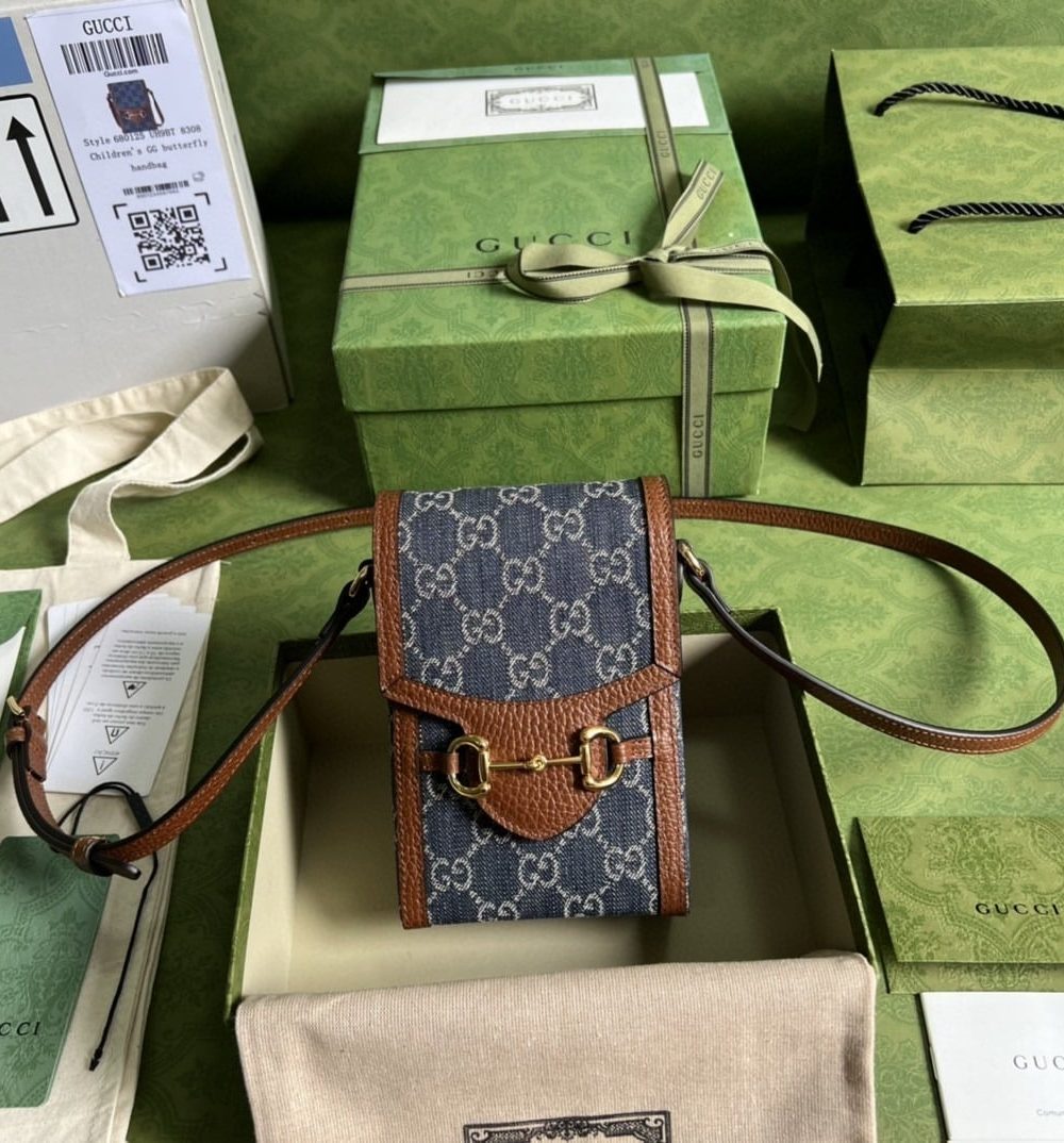 1:1 Replica Gucci Horsebit 1955 Mini Bag Blue And Ivory GG Denim Jacquard For Women 6.7in/17cm 625615 2KQGG 8375
