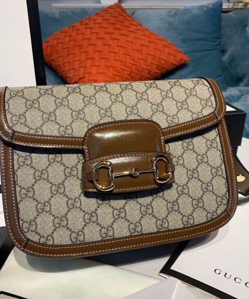 1:1 Replica Gucci Horsebit 1955 Shoulder Bag Beige/Ebony GG Supreme Canvas With Brown For Women 9.8in/25cm GG ‎602204 92TCG 8563