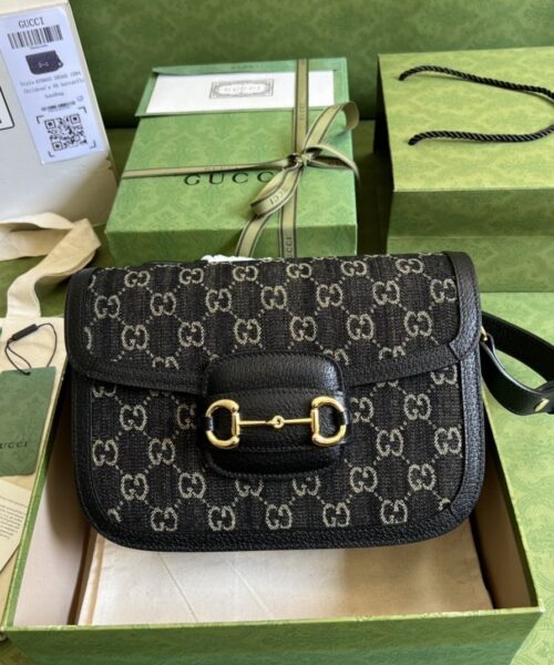 1:1 Replica Gucci Horsebit 1955 Shoulder Bag Black And Ivory GG Denim Jacquard For Women 9.8in/25cm 602204 UN3BG 1274