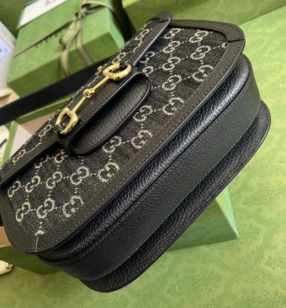1:1 Replica Gucci Horsebit 1955 Shoulder Bag Black And Ivory GG Denim Jacquard For Women 9.8in/25cm 602204 UN3BG 1274