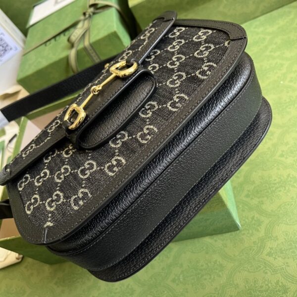 1:1 Replica Gucci Horsebit 1955 Shoulder Bag Black And Ivory GG Denim Jacquard For Women 9.8in/25cm 602204 UN3BG 1274