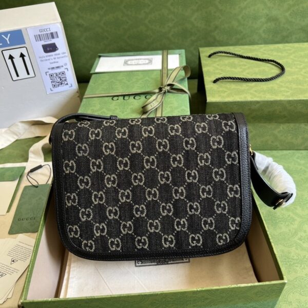 1:1 Replica Gucci Horsebit 1955 Shoulder Bag Black And Ivory GG Denim Jacquard For Women 9.8in/25cm 602204 UN3BG 1274