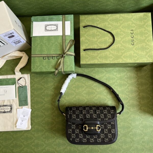 1:1 Replica Gucci Horsebit 1955 Shoulder Bag Black And Ivory GG Denim Jacquard For Women 9.8in/25cm 602204 UN3BG 1274
