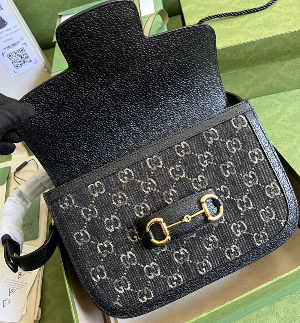 1:1 Replica Gucci Horsebit 1955 Shoulder Bag Black And Ivory GG Denim Jacquard For Women 9.8in/25cm 602204 UN3BG 1274
