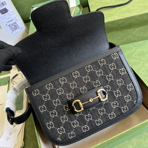 1:1 Replica Gucci Horsebit 1955 Shoulder Bag Black And Ivory GG Denim Jacquard For Women 9.8in/25cm 602204 UN3BG 1274