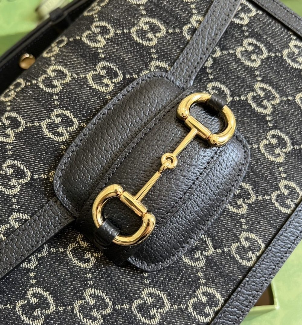 1:1 Replica Gucci Horsebit 1955 Shoulder Bag Black And Ivory GG Denim Jacquard For Women 9.8in/25cm 602204 UN3BG 1274
