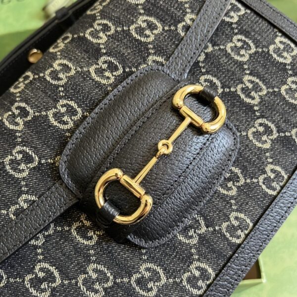 1:1 Replica Gucci Horsebit 1955 Shoulder Bag Black And Ivory GG Denim Jacquard For Women 9.8in/25cm 602204 UN3BG 1274