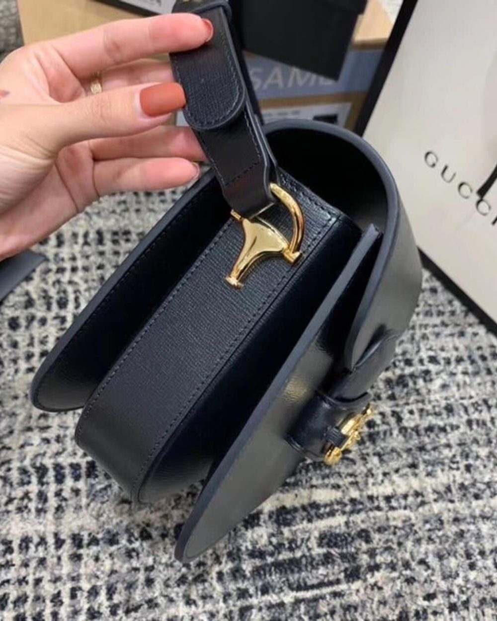 1:1 Replica Gucci Horsebit 1955 Shoulder Bag Black Textured With A Vintage Effect For Women 9.8in/25cm GG ‎602204 1DB0G 1000