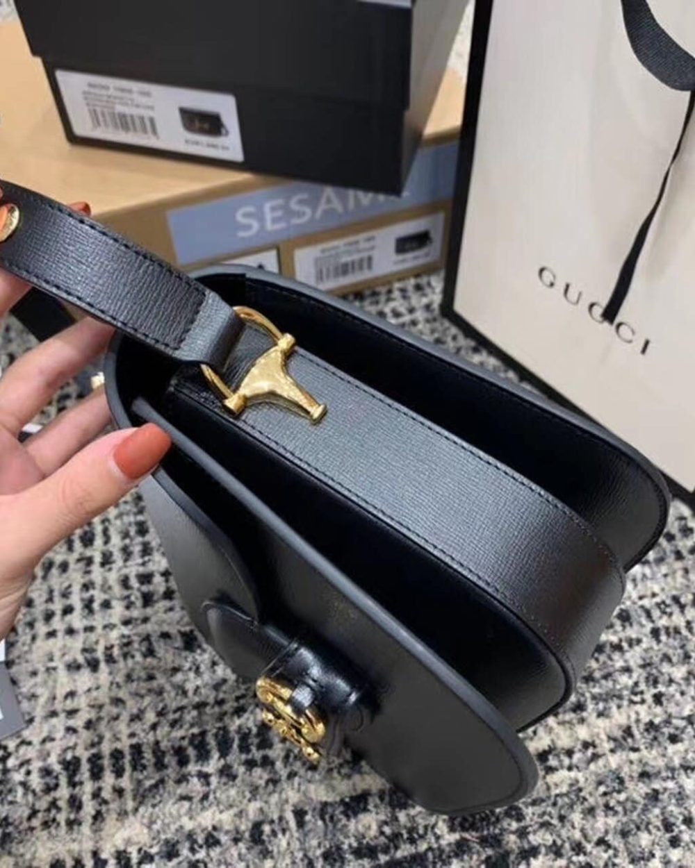 1:1 Replica Gucci Horsebit 1955 Shoulder Bag Black Textured With A Vintage Effect For Women 9.8in/25cm GG ‎602204 1DB0G 1000