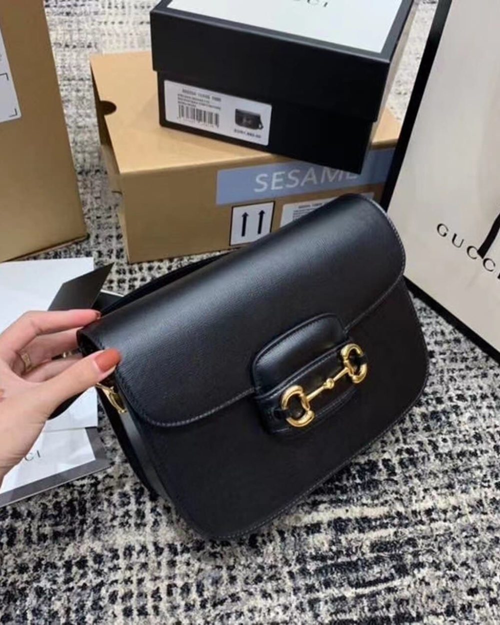 1:1 Replica Gucci Horsebit 1955 Shoulder Bag Black Textured With A Vintage Effect For Women 9.8in/25cm GG ‎602204 1DB0G 1000