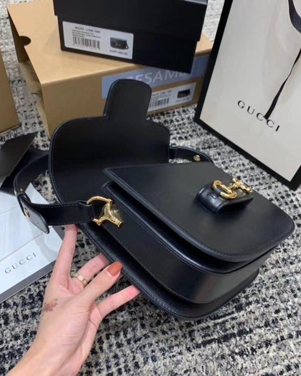 1:1 Replica Gucci Horsebit 1955 Shoulder Bag Black Textured With A Vintage Effect For Women 9.8in/25cm GG ‎602204 1DB0G 1000