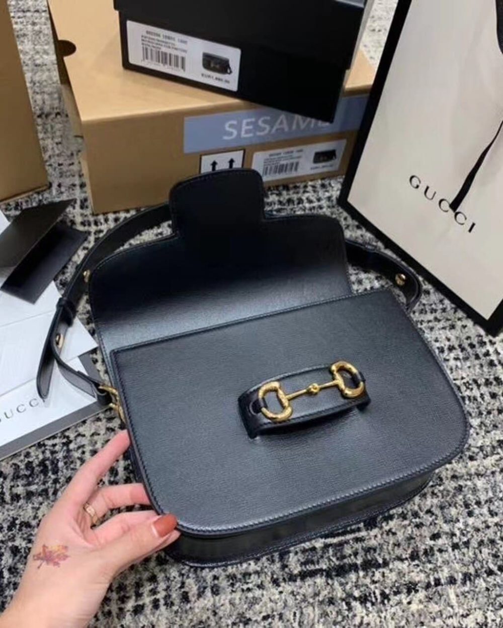 1:1 Replica Gucci Horsebit 1955 Shoulder Bag Black Textured With A Vintage Effect For Women 9.8in/25cm GG ‎602204 1DB0G 1000