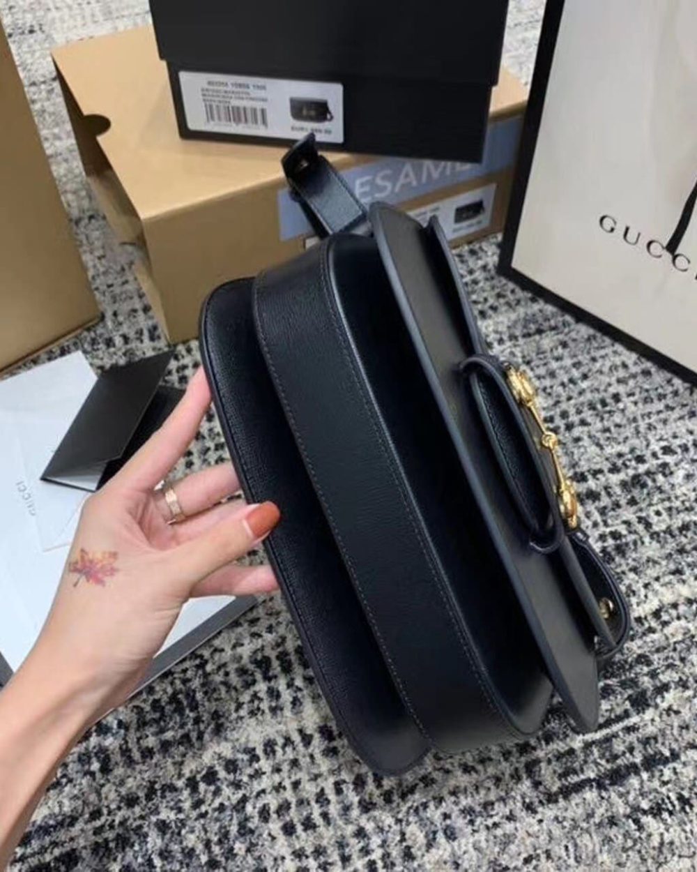 1:1 Replica Gucci Horsebit 1955 Shoulder Bag Black Textured With A Vintage Effect For Women 9.8in/25cm GG ‎602204 1DB0G 1000