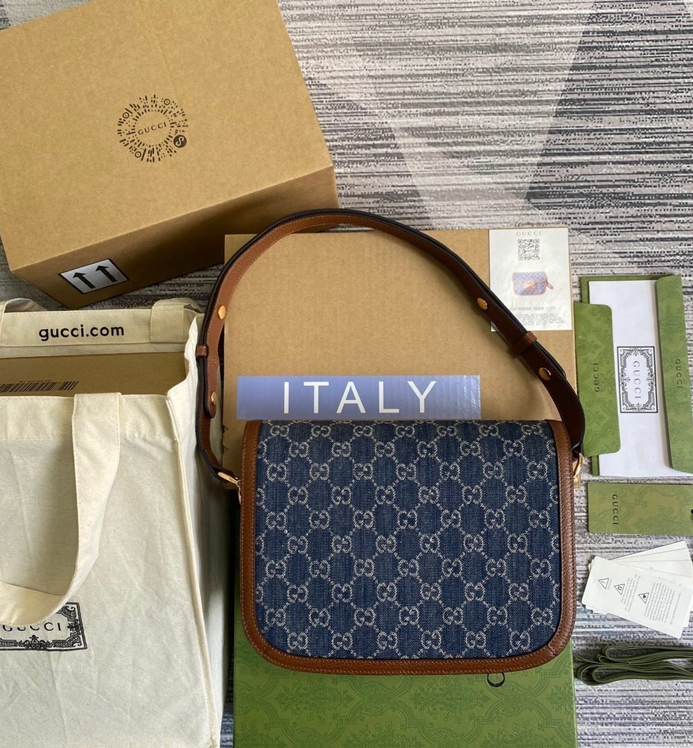 1:1 Replica Gucci Horsebit 1955 Shoulder Bag Blue And Ivory For Women, Women's Bags 9.8in/25cm GG