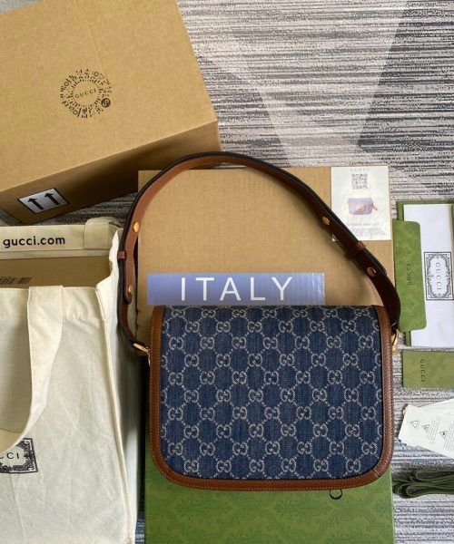 1:1 Replica Gucci Horsebit 1955 Shoulder Bag Blue And Ivory For Women, Women's Bags 9.8in/25cm GG