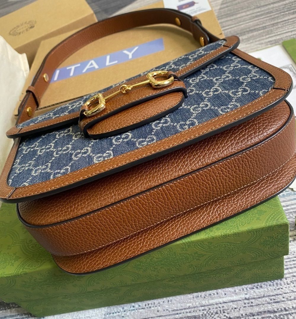 1:1 Replica Gucci Horsebit 1955 Shoulder Bag Blue And Ivory For Women, Women's Bags 9.8in/25cm GG