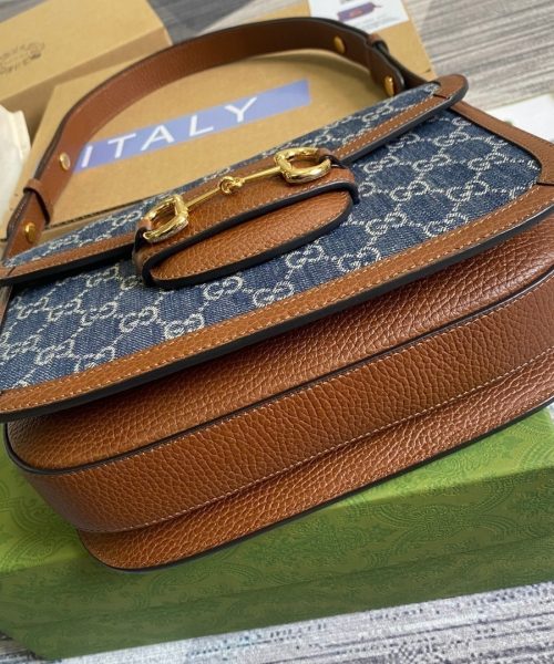 1:1 Replica Gucci Horsebit 1955 Shoulder Bag Blue And Ivory For Women, Women's Bags 9.8in/25cm GG