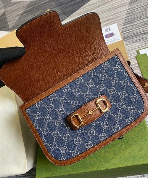 1:1 Replica Gucci Horsebit 1955 Shoulder Bag Blue And Ivory For Women, Women's Bags 9.8in/25cm GG