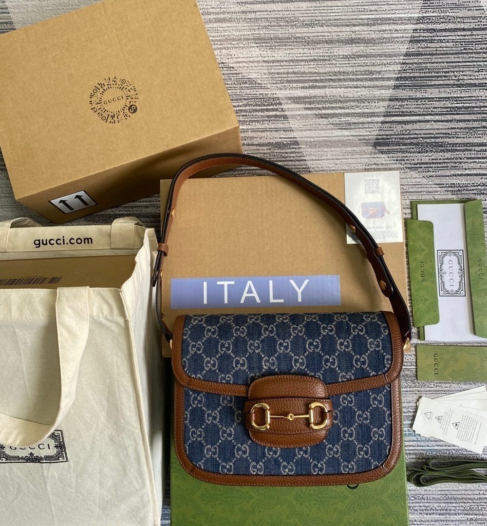 1:1 Replica Gucci Horsebit 1955 Shoulder Bag Blue And Ivory For Women, Women's Bags 9.8in/25cm GG