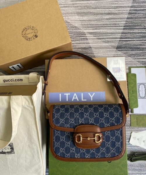 1:1 Replica Gucci Horsebit 1955 Shoulder Bag Blue And Ivory For Women, Women's Bags 9.8in/25cm GG