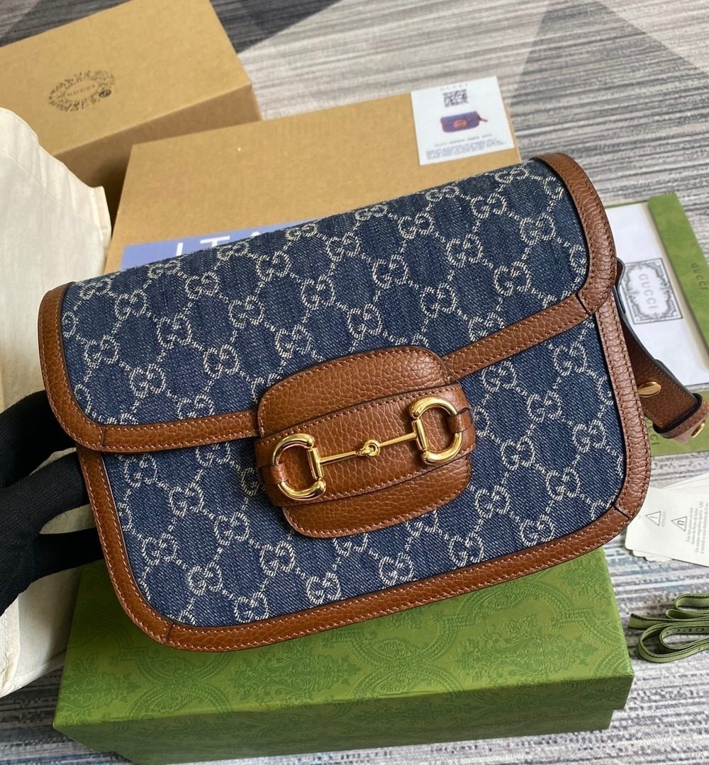 1:1 Replica Gucci Horsebit 1955 Shoulder Bag Blue And Ivory For Women, Women's Bags 9.8in/25cm GG