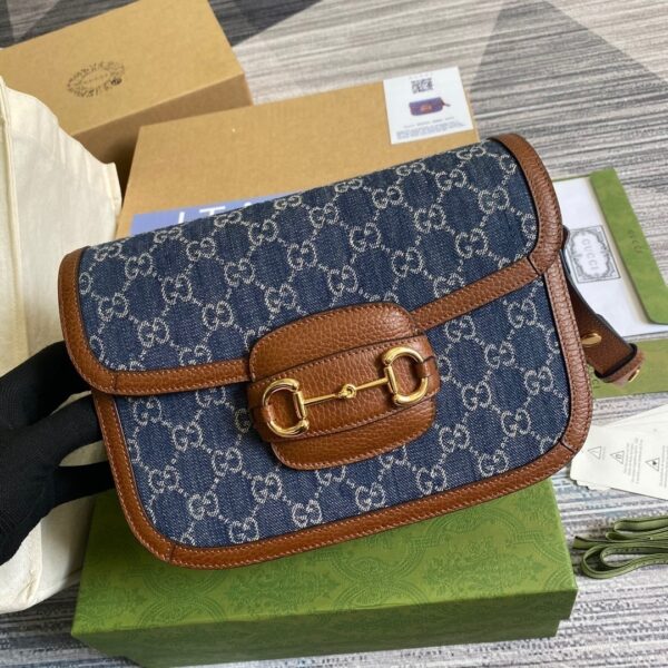 1:1 Replica Gucci Horsebit 1955 Shoulder Bag Blue And Ivory For Women, Women's Bags 9.8in/25cm GG