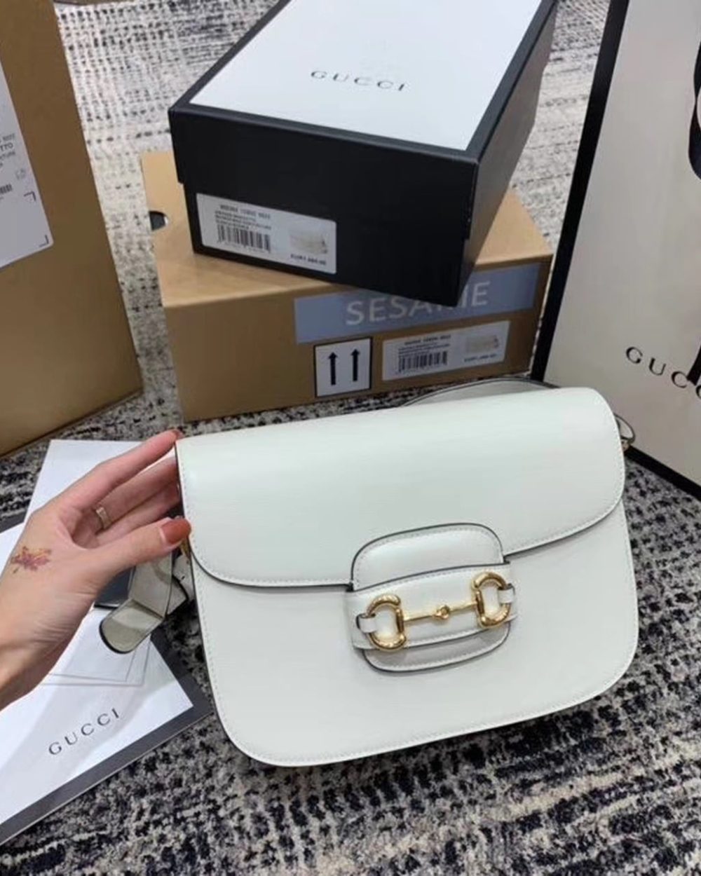 1:1 Replica Gucci Horsebit 1955 Shoulder Bag White For Women 9.8in/25cm GG ‎602204 1DB0G 9022