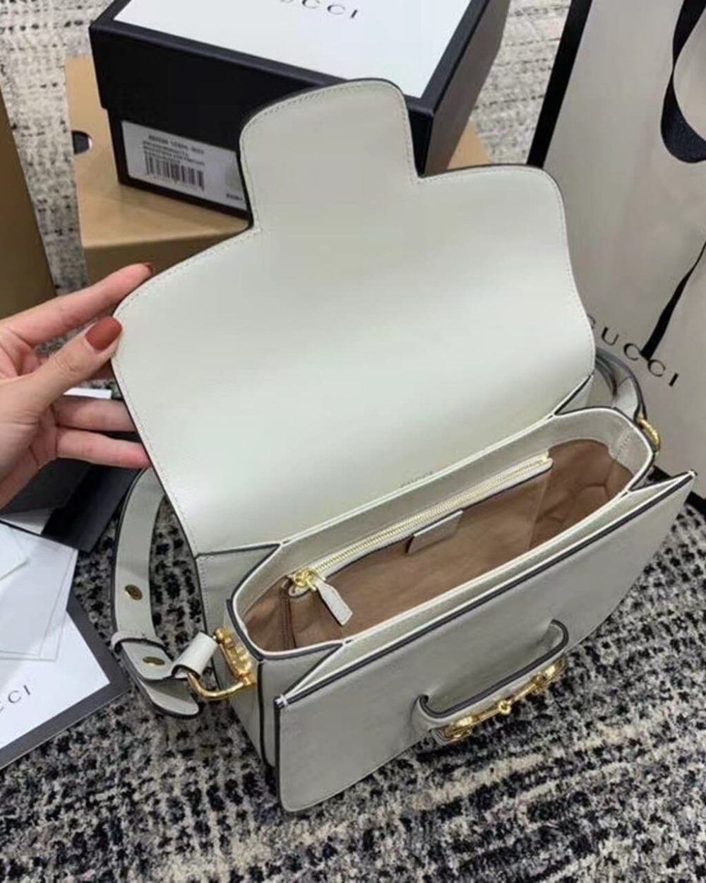 1:1 Replica Gucci Horsebit 1955 Shoulder Bag White For Women 9.8in/25cm GG ‎602204 1DB0G 9022
