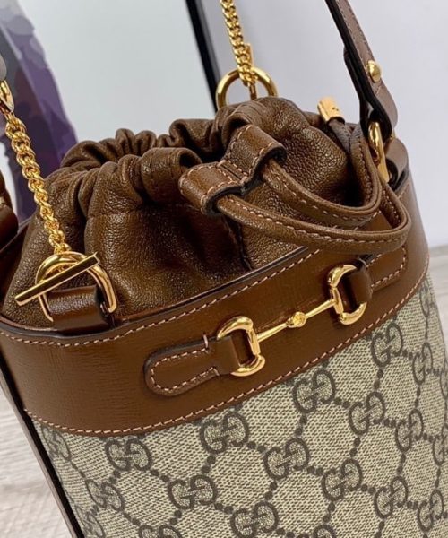 1:1 Replica Gucci Horsebit 1955 Small Bucket Bag In GG Supreme Canvas Brown For Women 7.5in/19cm GG 637115 92TPG 8563