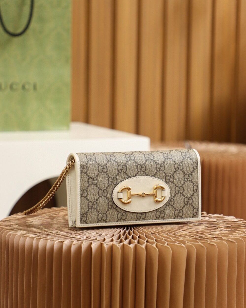 1:1 Replica Gucci Horsebit 1955 Wallet With Chain 19cm Beige