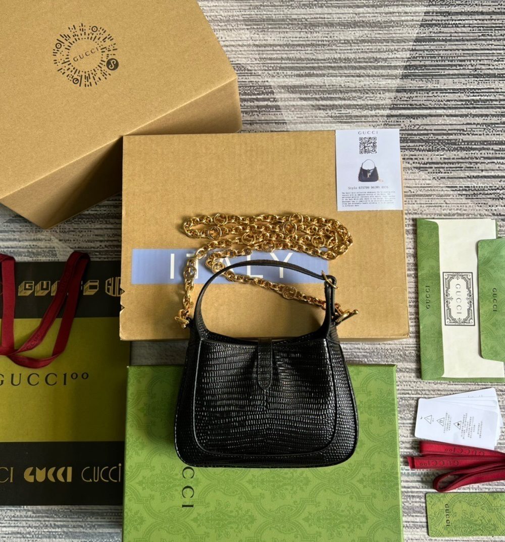 1:1 Replica Gucci Jackie 1961 Lizard Mini Bag Black For Women, Women's Bags 7.5in/19cm GG ‎675799 LUZ0G 1000