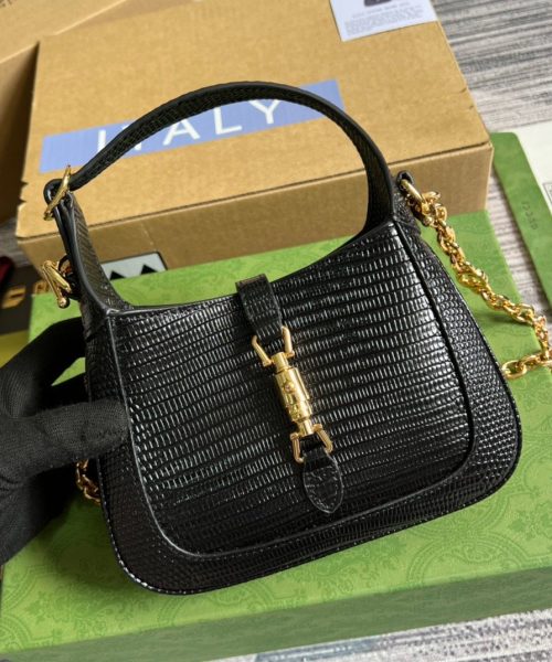 1:1 Replica Gucci Jackie 1961 Lizard Mini Bag Black For Women, Women's Bags 7.5in/19cm GG ‎675799 LUZ0G 1000