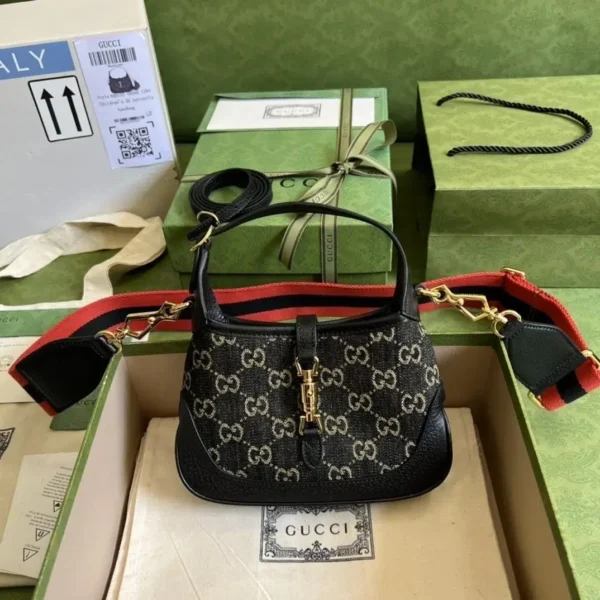 1:1 Replica Gucci Jackie 1961 Mini Shoulder Bag Black And Ivory GG Denim Jacquard For Women 7.5in/19cm GG 685127 UN3AG 1294