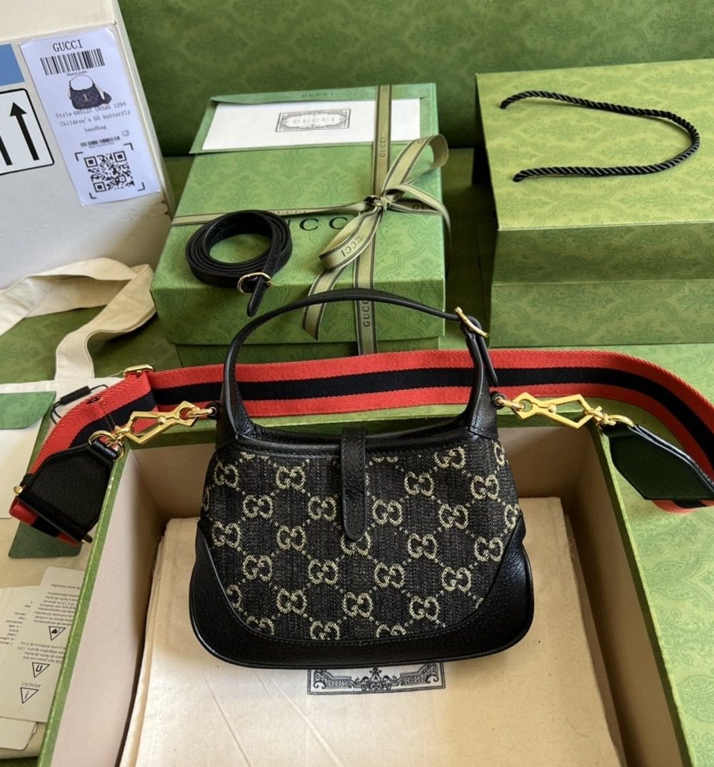 1:1 Replica Gucci Jackie 1961 Mini Shoulder Bag Black And Ivory GG Denim Jacquard For Women 7.5in/19cm GG 685127 UN3AG 1294