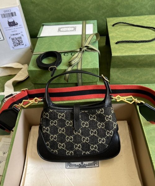 1:1 Replica Gucci Jackie 1961 Mini Shoulder Bag Black And Ivory GG Denim Jacquard For Women 7.5in/19cm GG 685127 UN3AG 1294